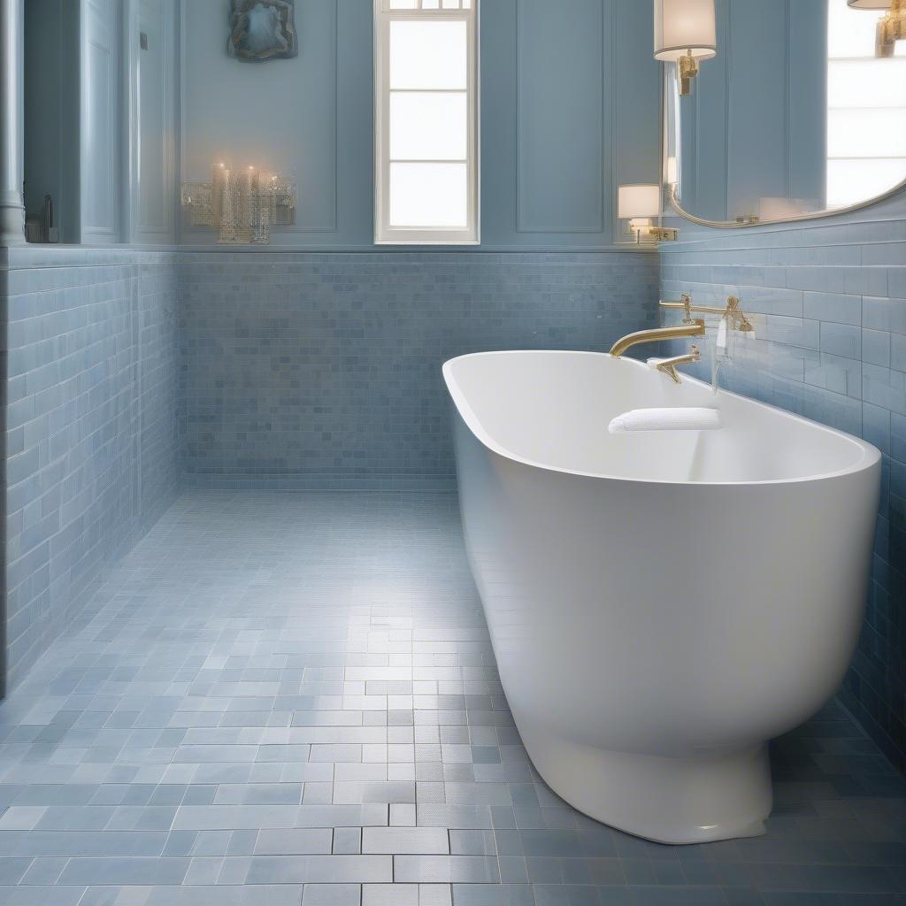 Bathroom floor featuring Thassos Blue Celeste Basket Weave Marble Mosaic