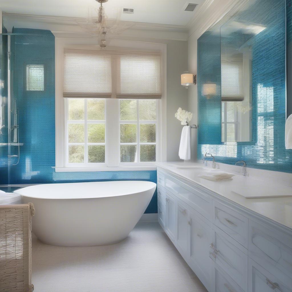 Elegant Bathroom Featuring Blue Basket Weave Glass Tile Backsplash