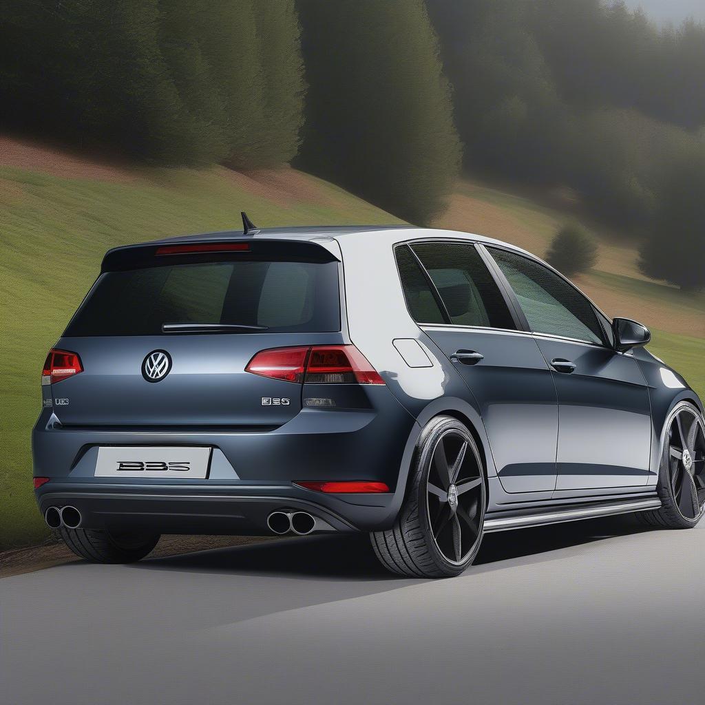 A Volkswagen Golf equipped with BBS basket weave wheels, showcasing the wheels in a real-world setting.