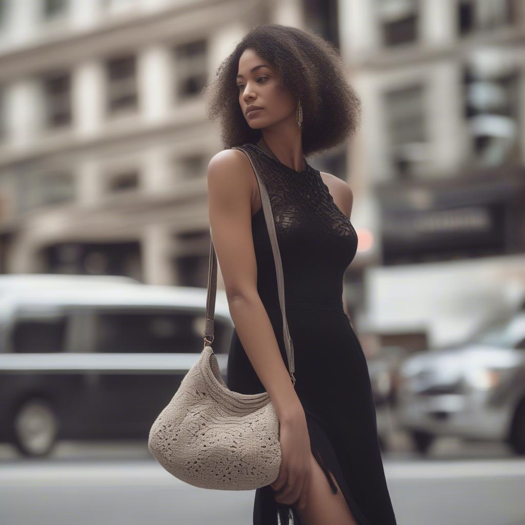 A woman stylishly carrying a BCBG Max Azria crochet woven bag in a city setting