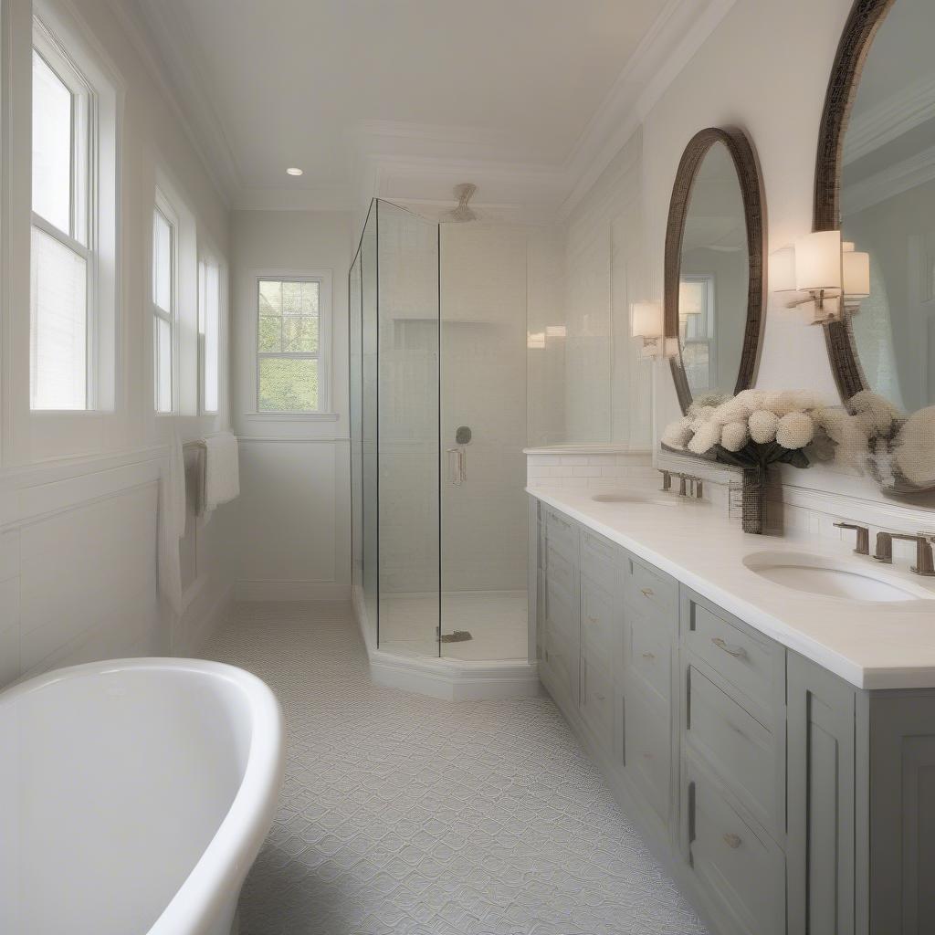 A beautifully designed bathroom featuring basket weave tile flooring