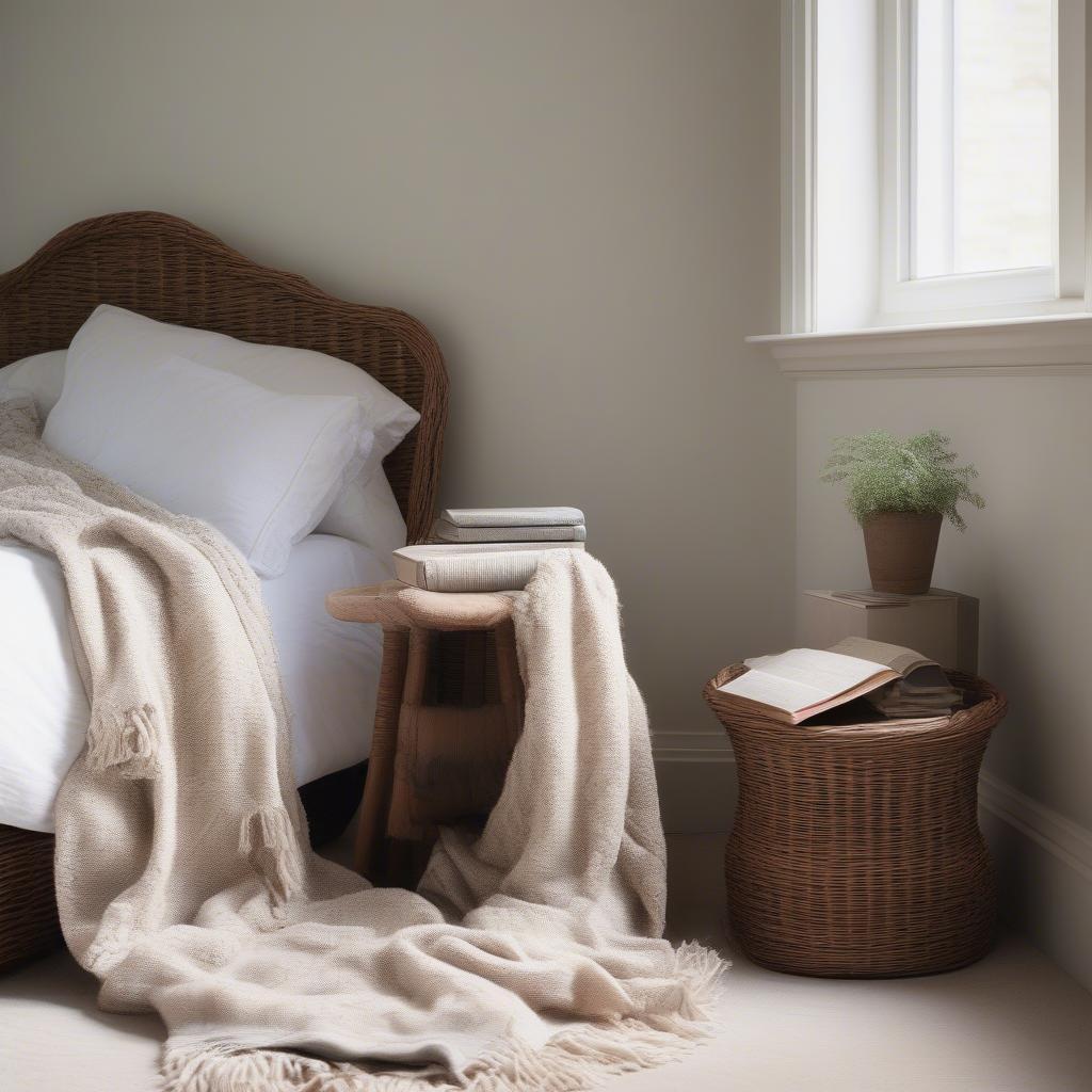 Wicker chair as a bedroom comfort seat, offering a relaxed reading nook.