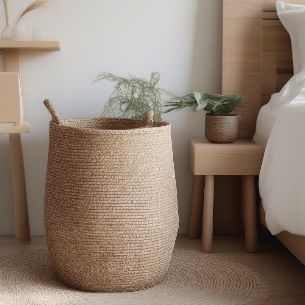 Woven trash can in a bedroom with natural decor