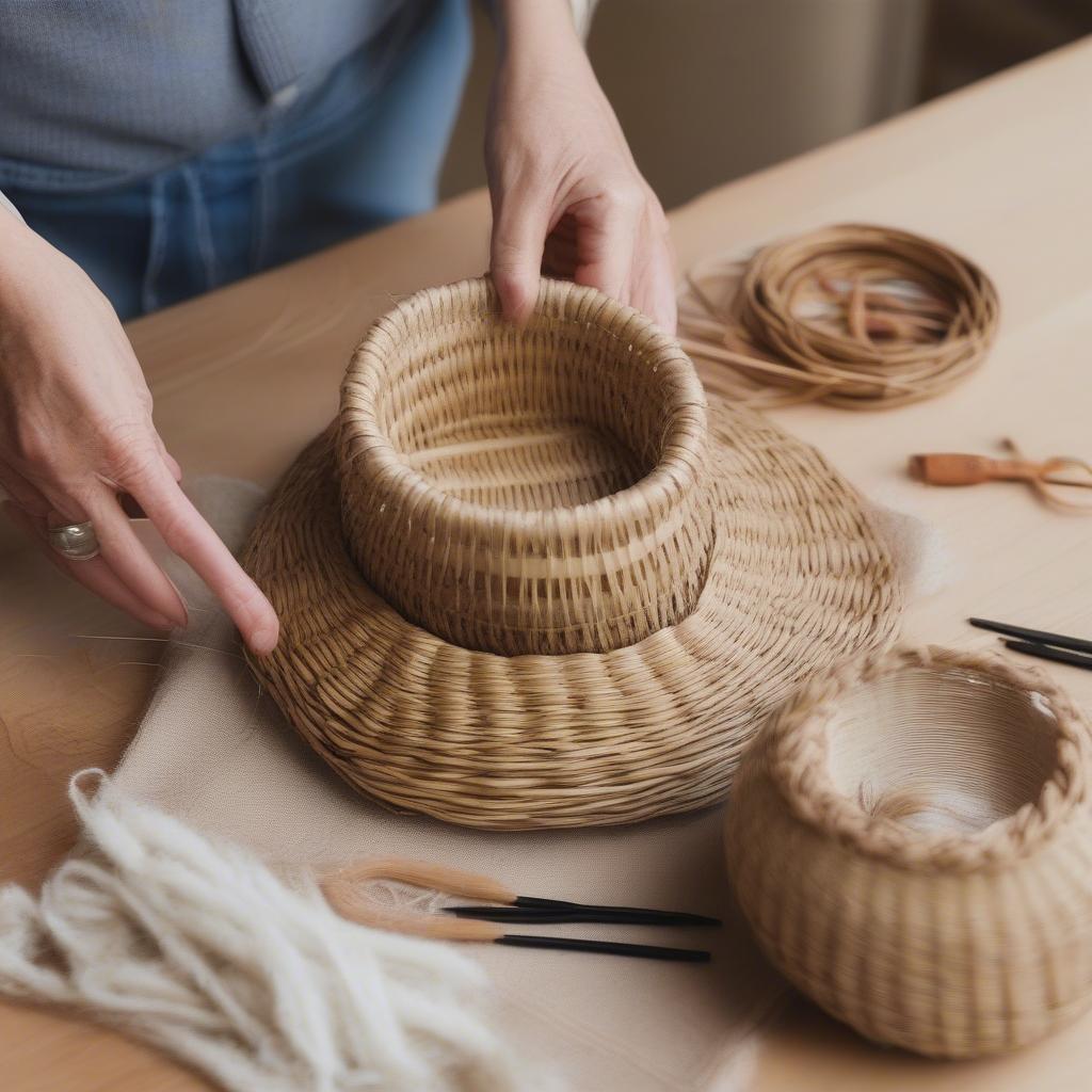 A beginner learning basket weaving with supplies from Joann