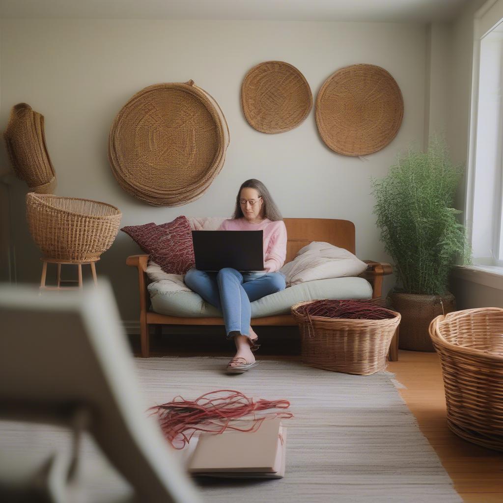 A person watching a willow basket weaving DVD on their laptop