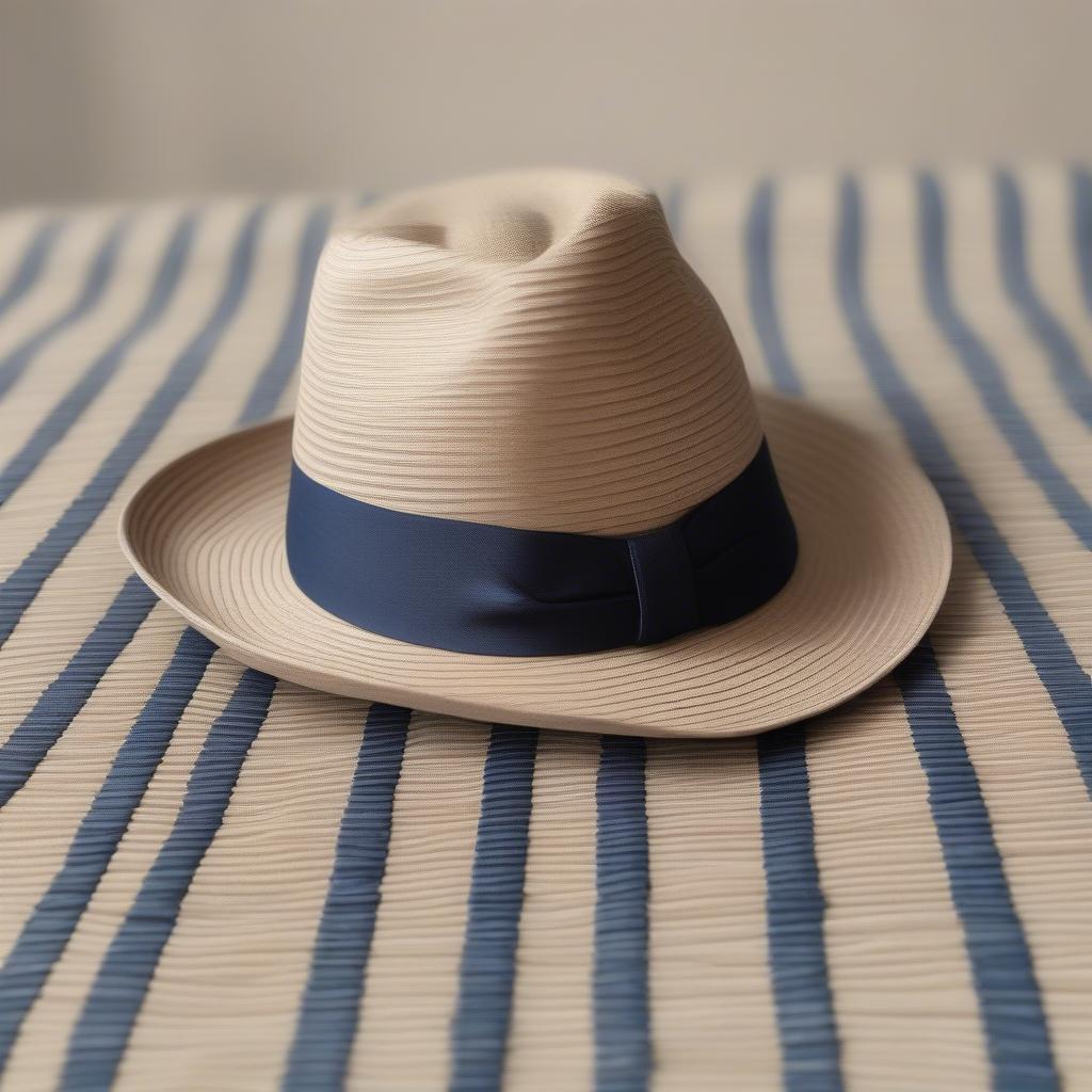 Close-up of a beige basket weave fedora showing the intricate details of the weave and the blue and white stripe.