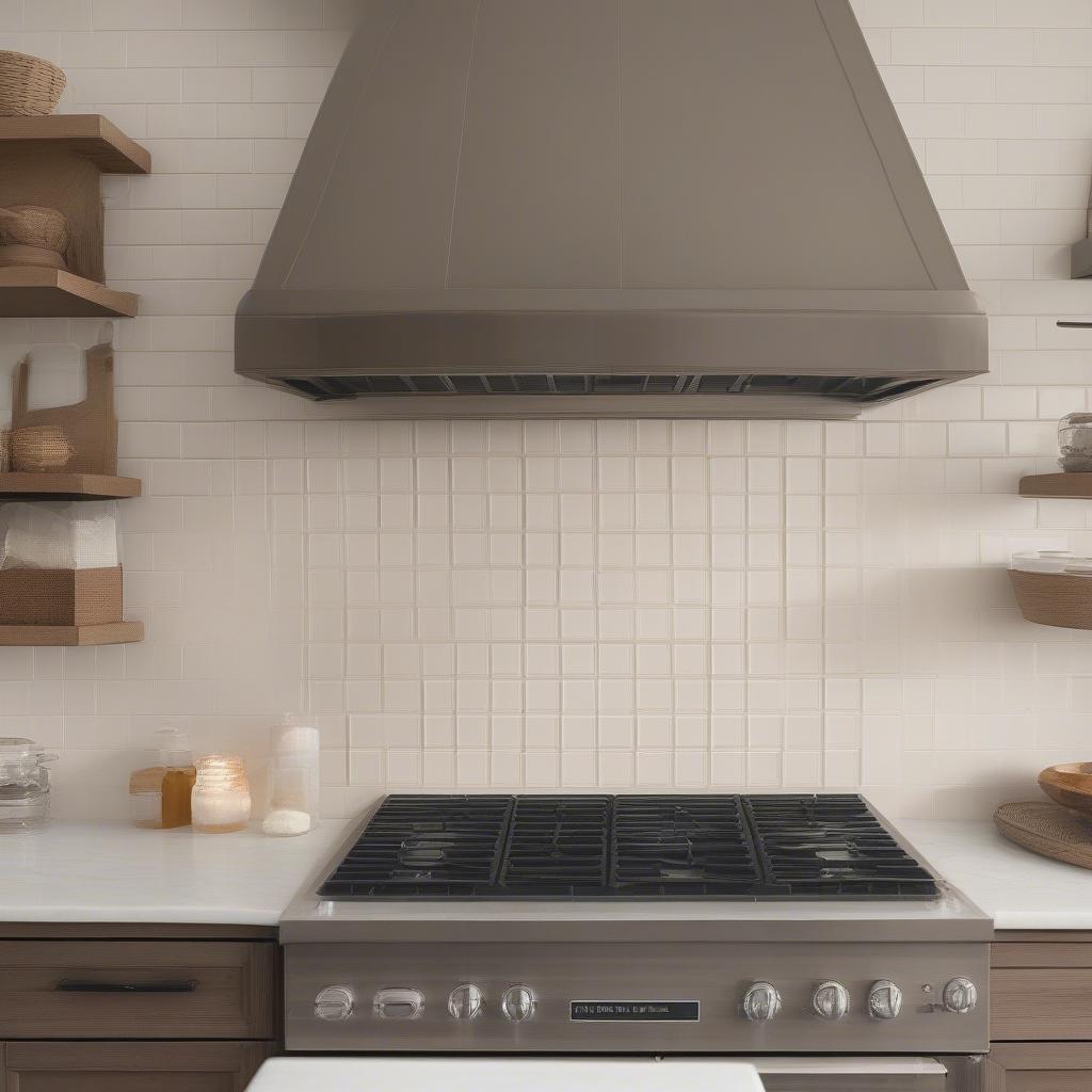 Beige Basket Weave Tile Kitchen Backsplash