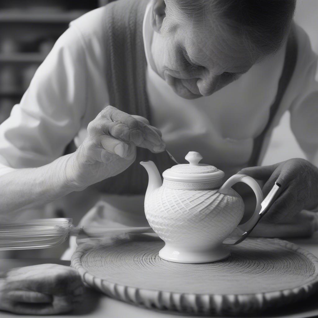 Belleek Artisan Applying the Basket Weave Pattern