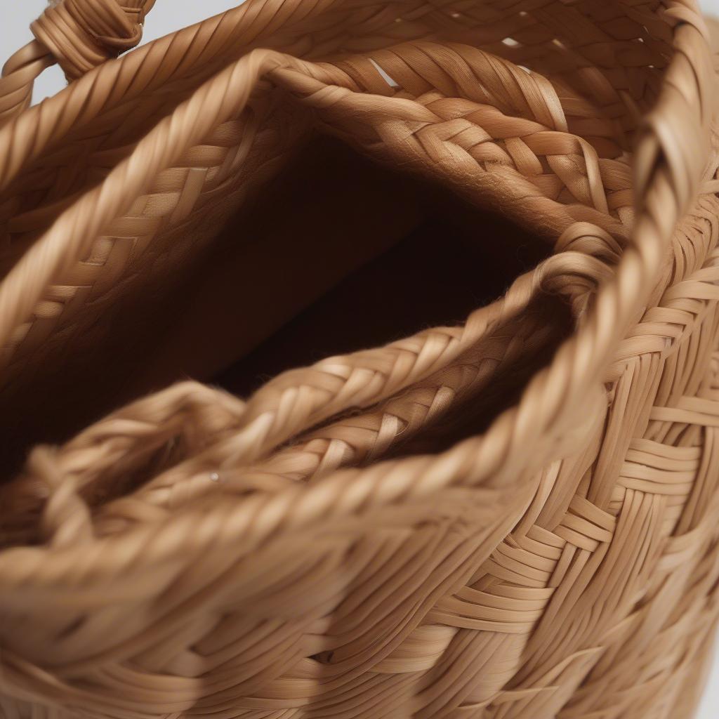 Close-up view of a Berkeley woven bucket bag showcasing its intricate weave and drawstring closure