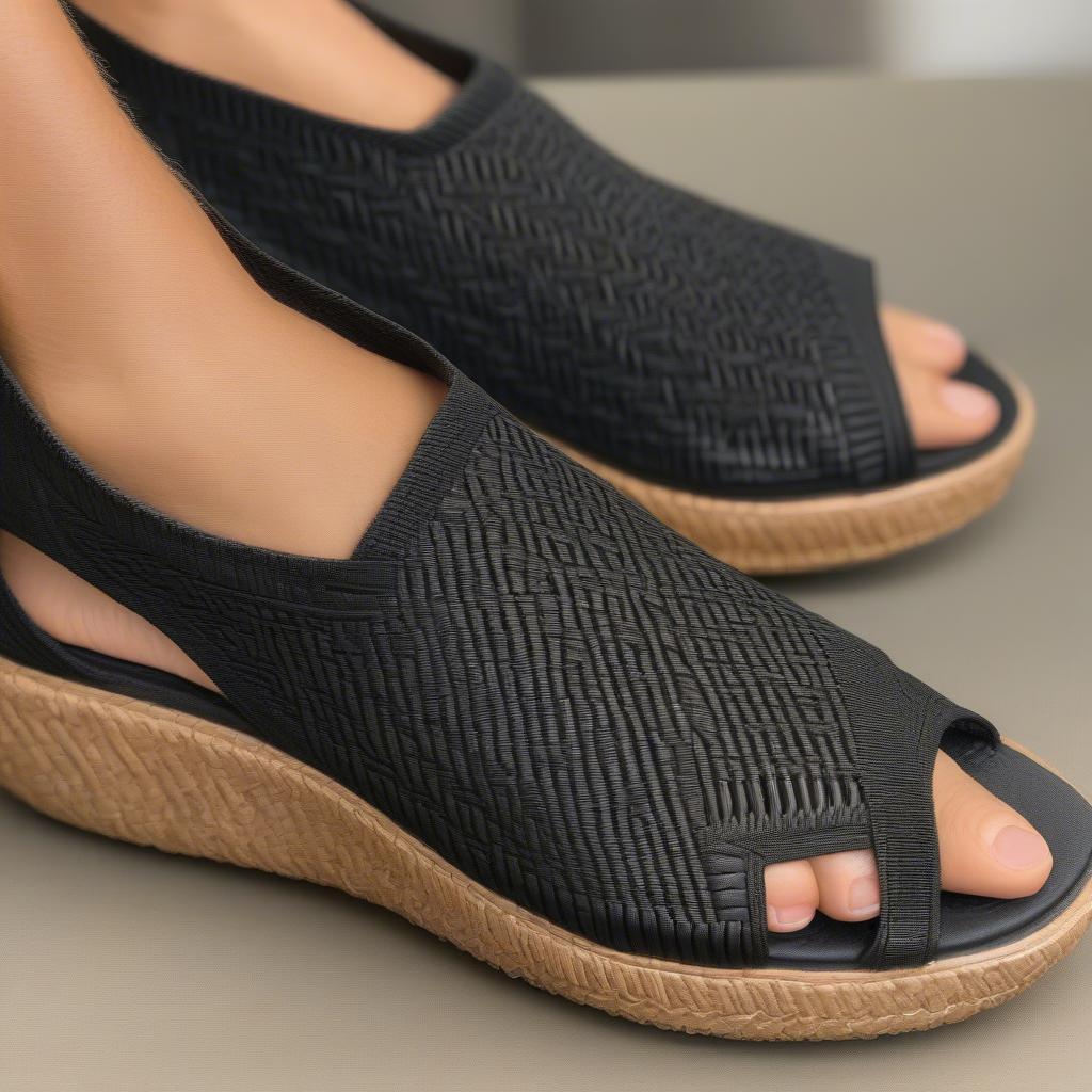 Close-up view of the Bernie Mev Cyrene black sandals showcasing the basket weave detail and peep-toe design