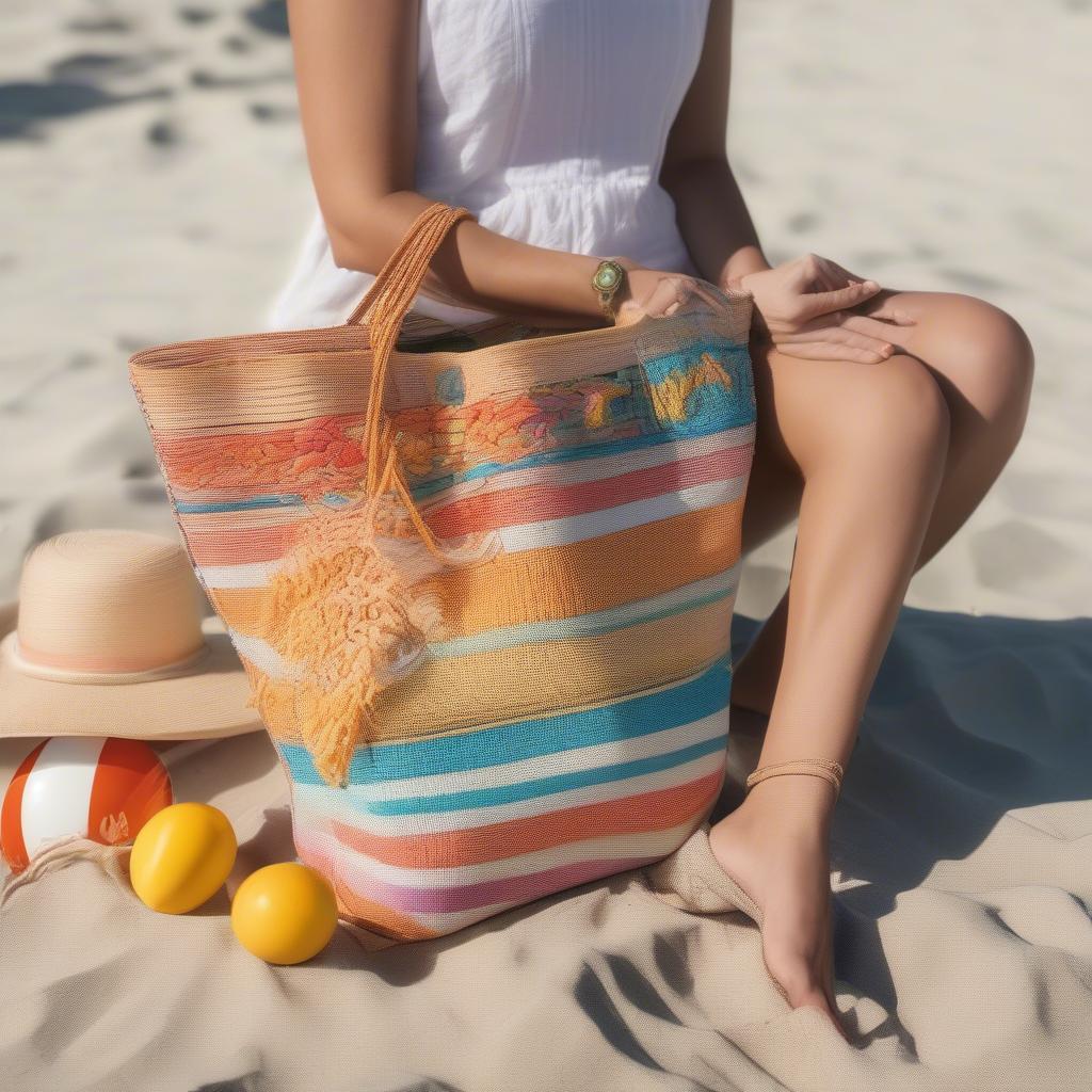 Woman carrying a large woven beach tote filled with towels, sunscreen, and a book.