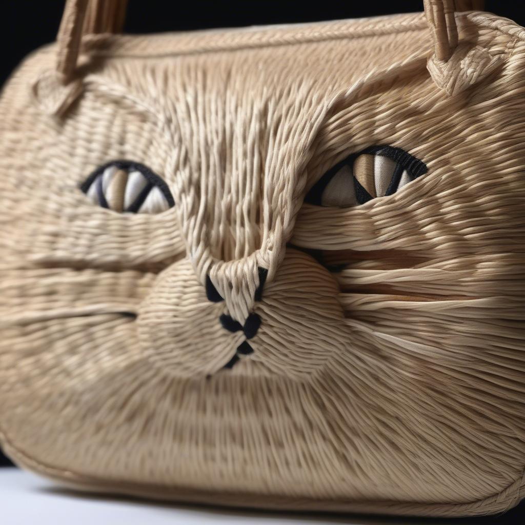 Close-up of the Betsy Johnson Cat Woven Straw Lych Tote Bag, showcasing the intricate woven cat face design and the natural straw texture.