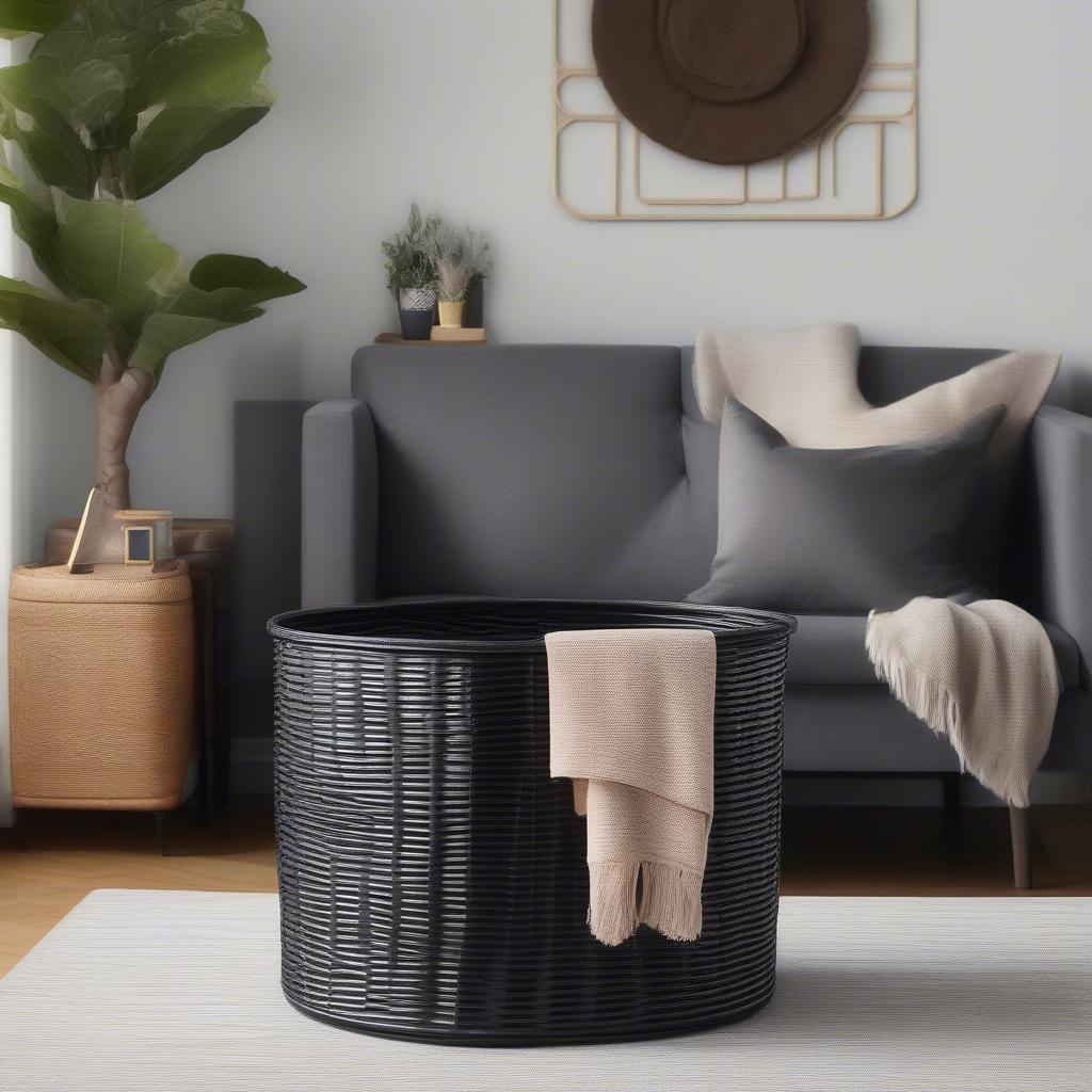 Black BHG Basket Weave Bin in a Living Room Setting