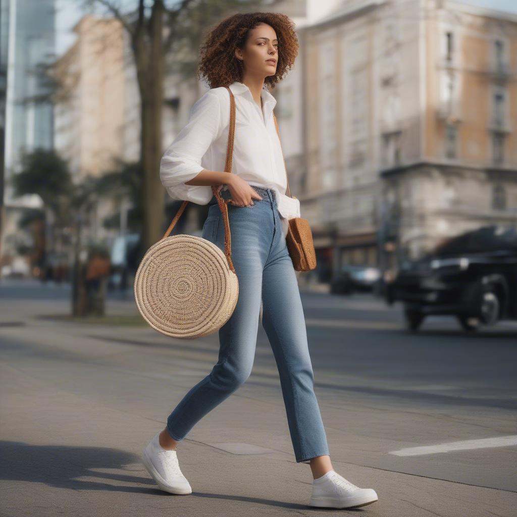 A woman wearing a stylish outfit with jeans, a white shirt, and sneakers, carrying a big woven circle bag.