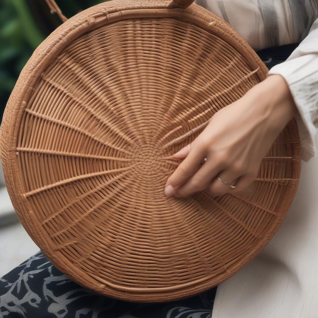 Close-up of a woman's hand holding a large, round rattan bag, showcasing the intricate weave and natural color.