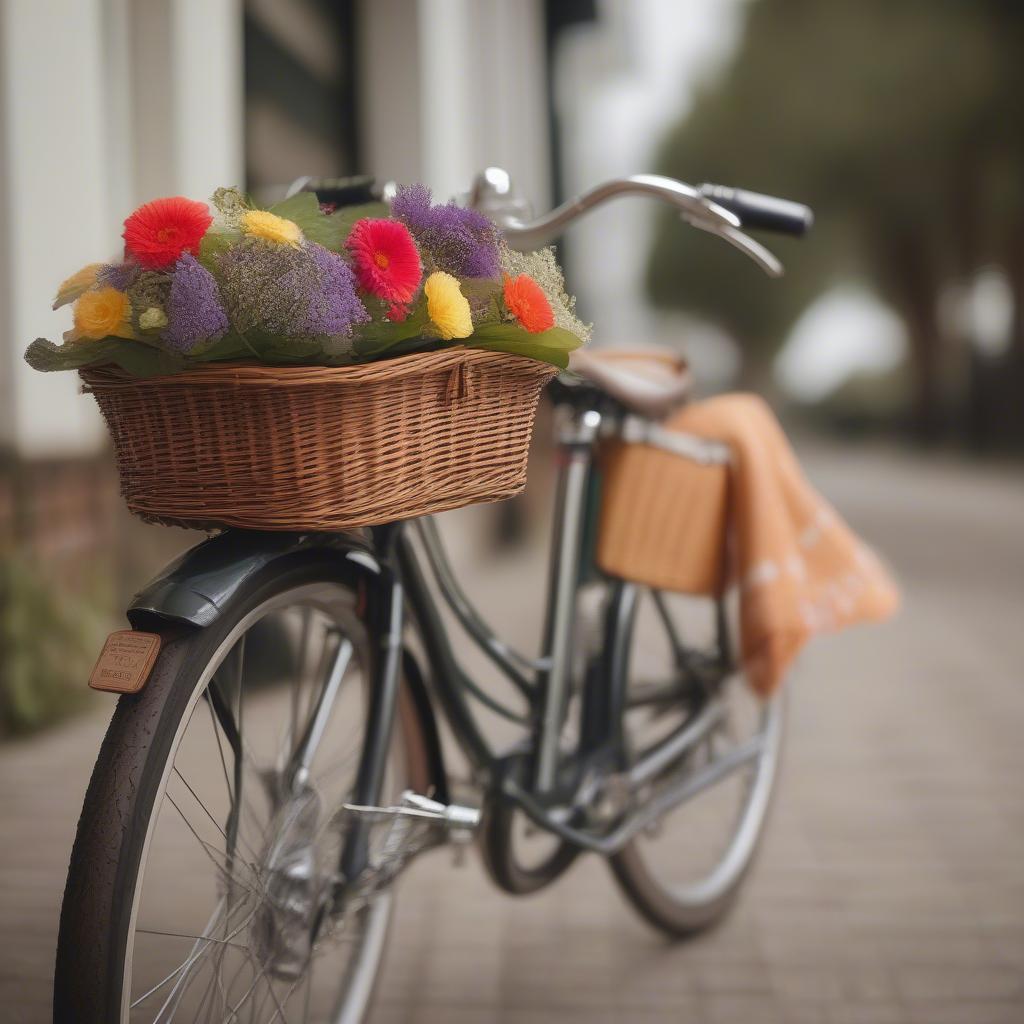 Wicker bike weave basket mounted on the front handlebars of a bicycle.