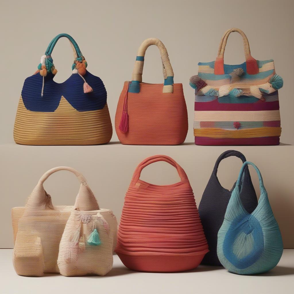 A collection of Bindya NY woven bags showcasing different styles, sizes, and colors.