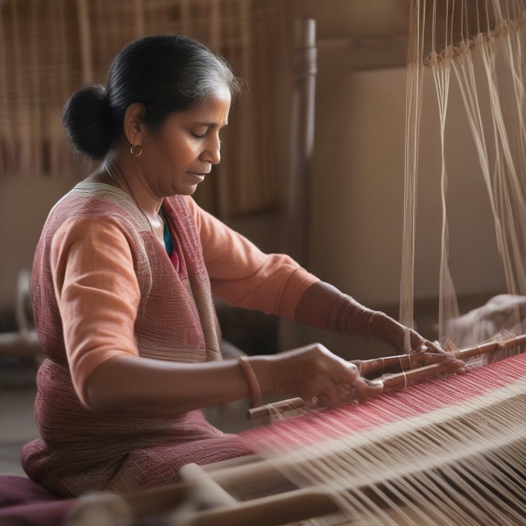 A Bindya weaver skillfully working on a loom, creating intricate patterns with colorful threads.