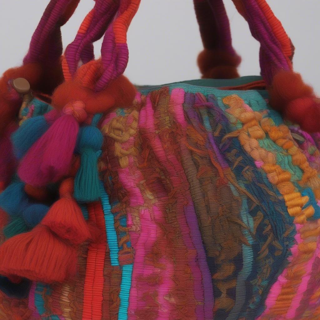 Close-up view of a beautifully crafted Bindya woven bag, showcasing the intricate weaving patterns and vibrant colors.