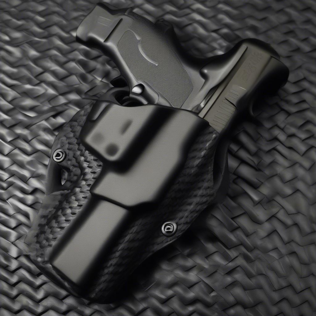 Close-up view of a black basket weave kydex holster, showcasing the intricate details of the pattern and the robust kydex material.