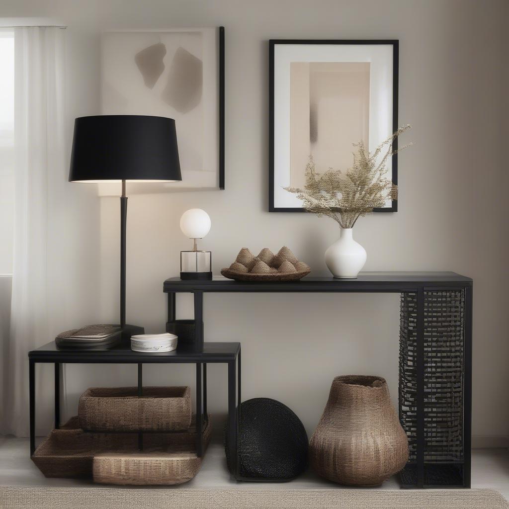 Black basket weave lamp in a modern interior