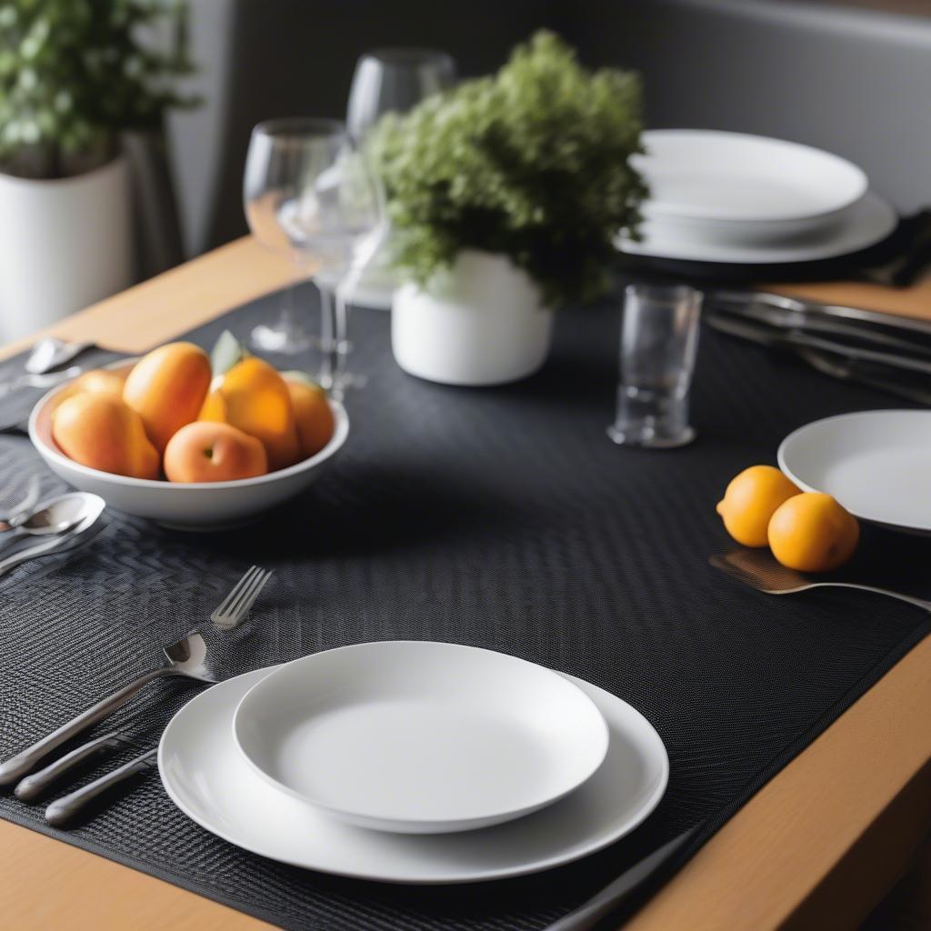 Black Basket Weave Vinyl Placemats on a Dining Table