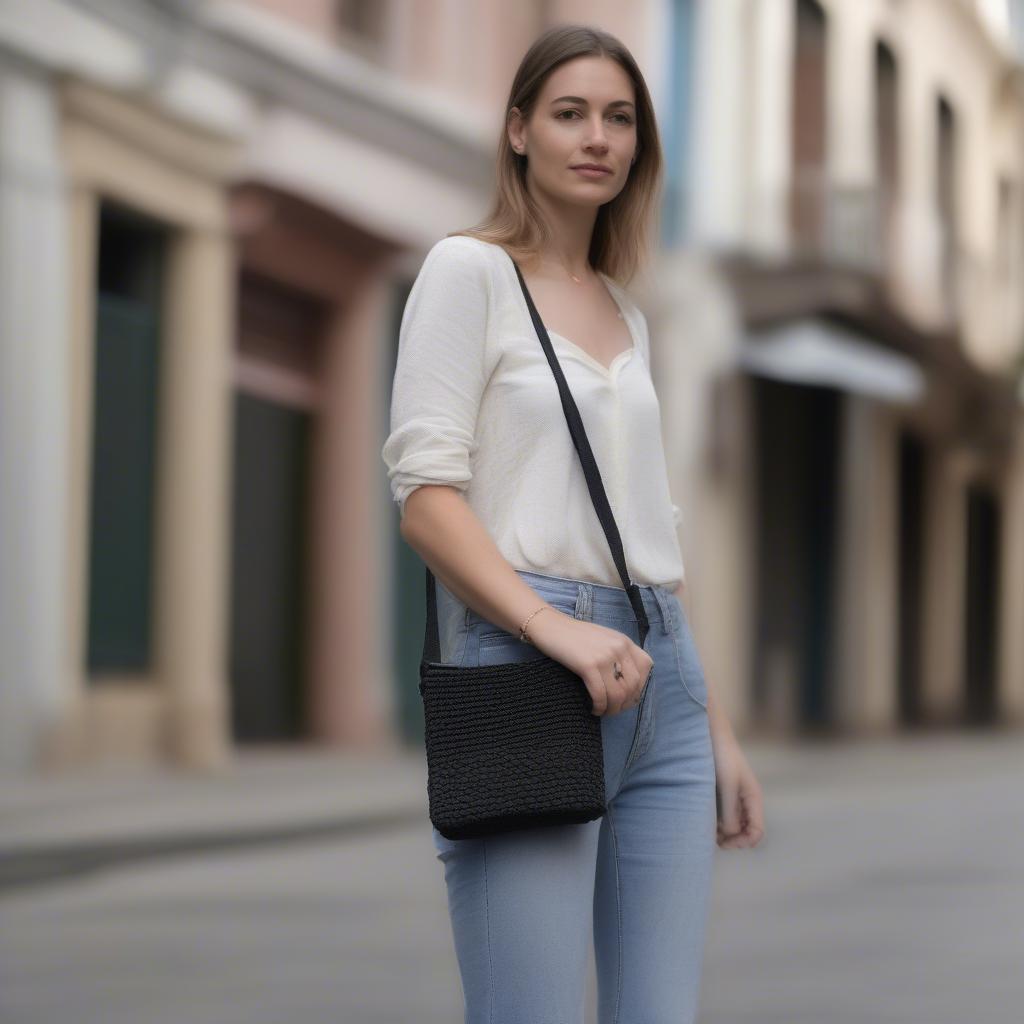 Black Havana Woven Crossbody Bag Street Style Inspiration