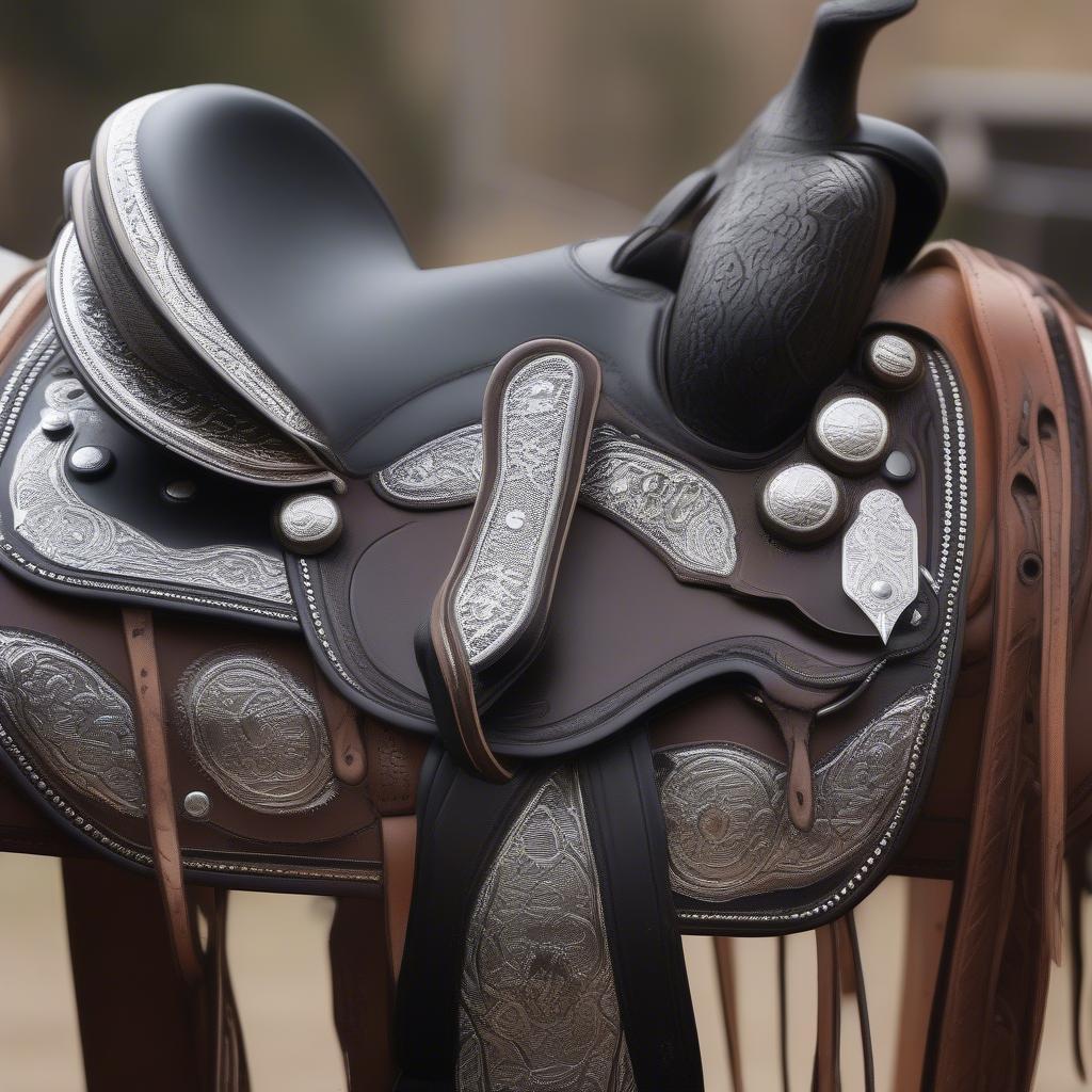 Black King Series saddle with detailed star conchos and intricate basket weave tooling showcasing its craftsmanship.