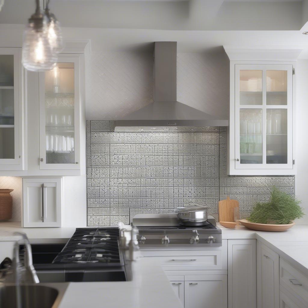 Black and white basket weave porcelain mosaic tile used as a kitchen backsplash