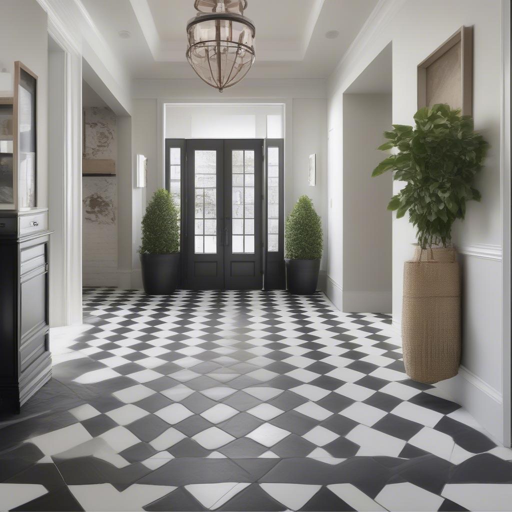 Black and white basket weave tile on an entryway floor