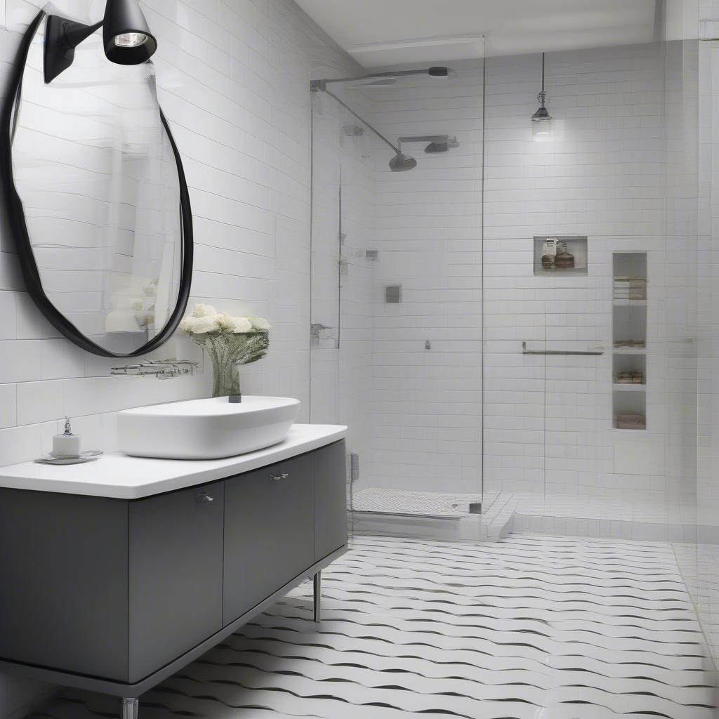 Black and white basket weave porcelain tile in a bathroom setting