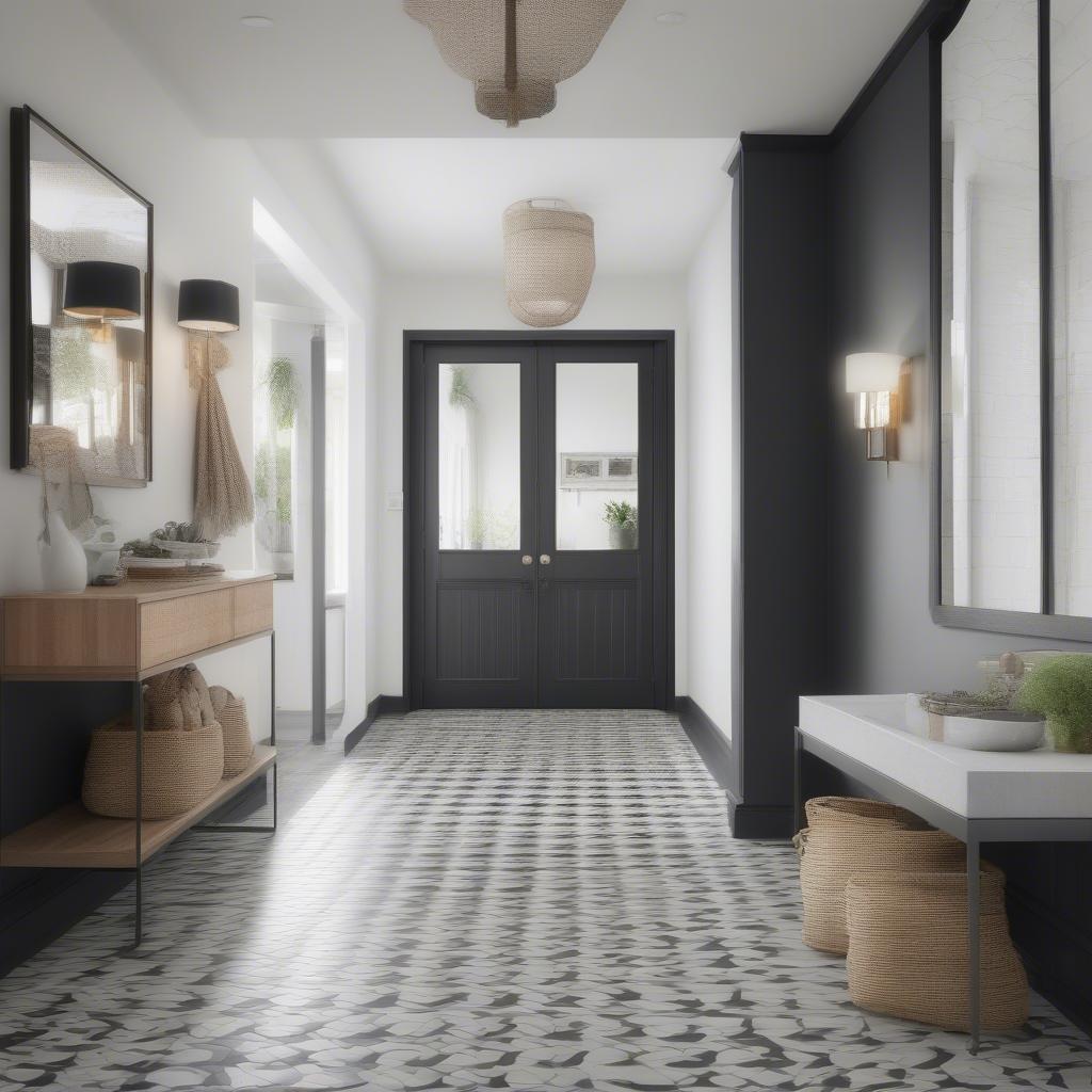 Black and white basket weave porcelain tile in an entryway