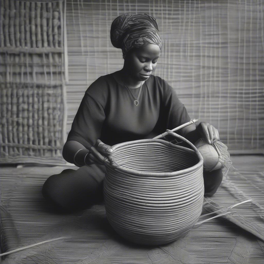 A Black woman demonstrating traditional basket weaving techniques