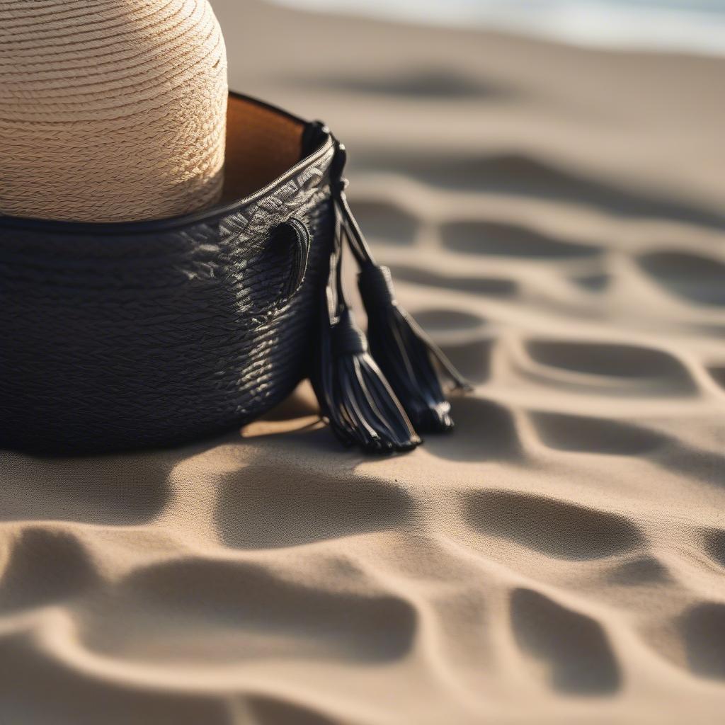 Black Woven Circle Bag paired with a beach outfit