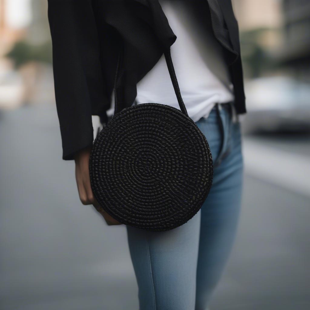 Black Woven Circle Bag Casual Style