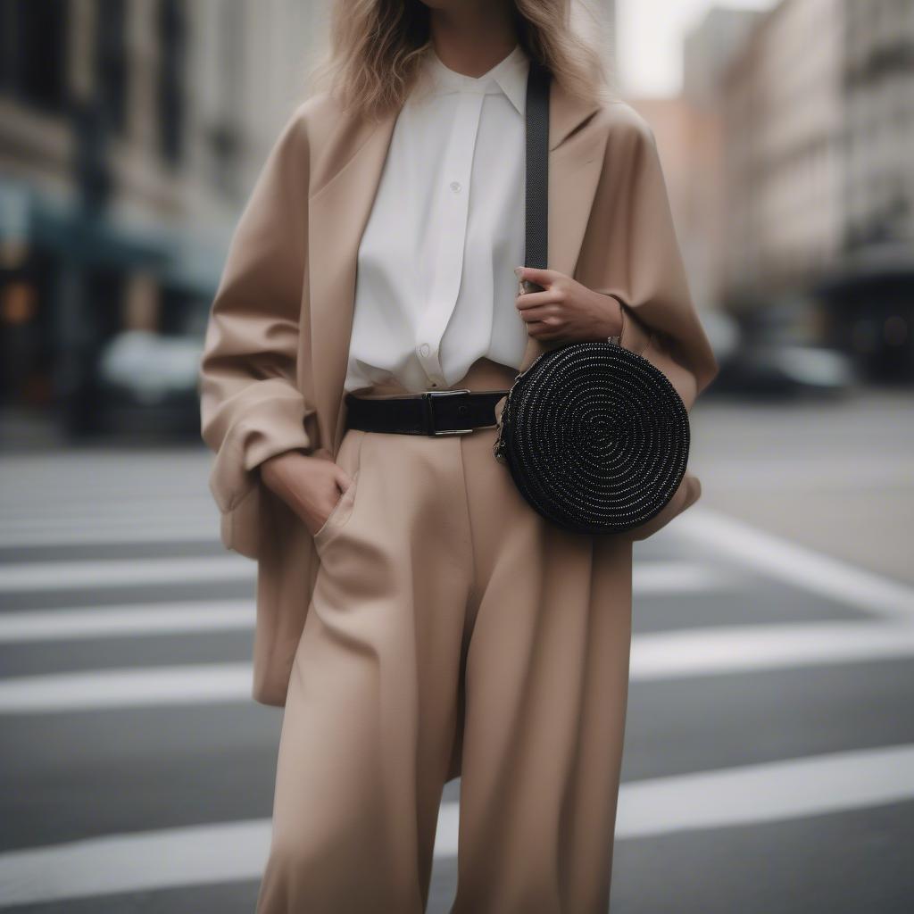 Black Woven Circle Bag in a street style outfit