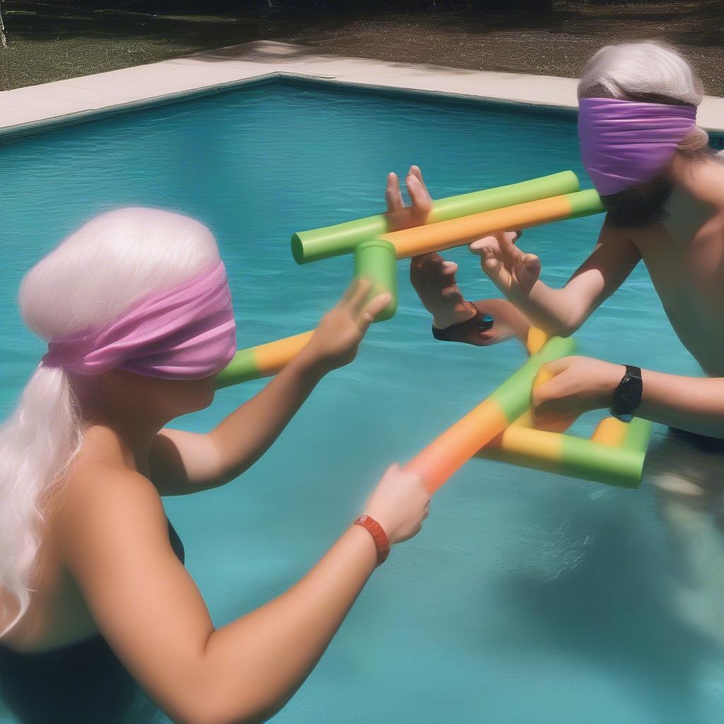 Blindfolded friends building a basket in a pool