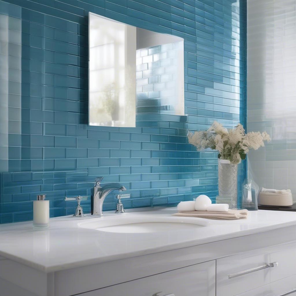 Blue Glass Subway Tile Basket Weave Backsplash in a Bathroom