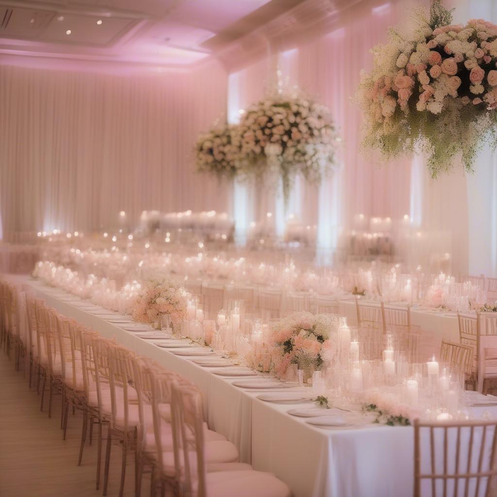 Blush pink Chiavari chairs arranged at a wedding reception