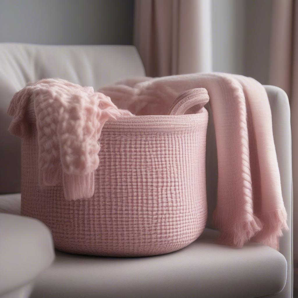 Blush pink y-weave storage basket used to store blankets in a cozy living room setting.