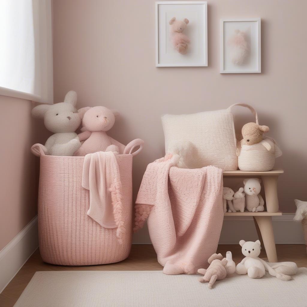 Blush pink y-weave storage basket used to store baby toys and blankets in a nursery.