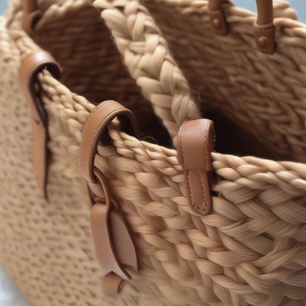 Close-up view of a Blythe woven bag showcasing its intricate details and craftsmanship.