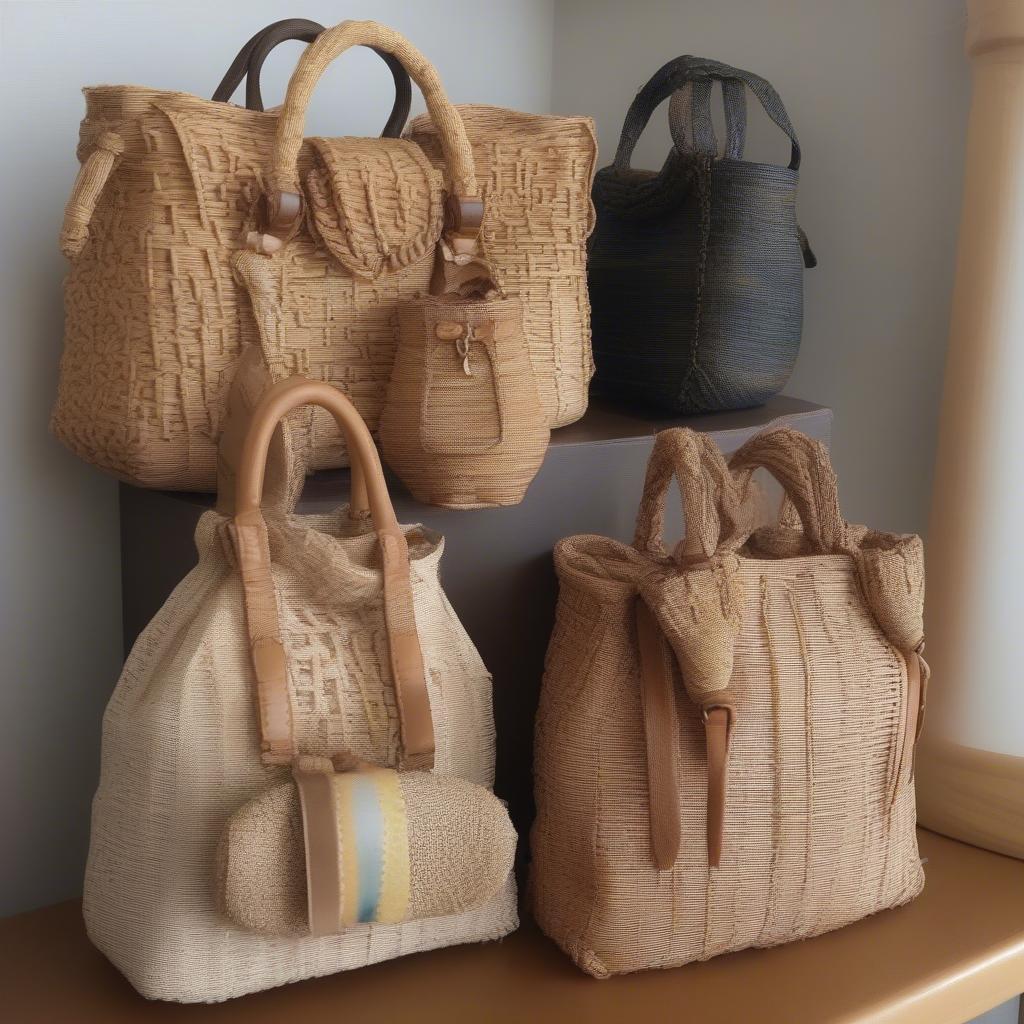 Variety of Blythe woven bags showcasing different styles, sizes, and materials.