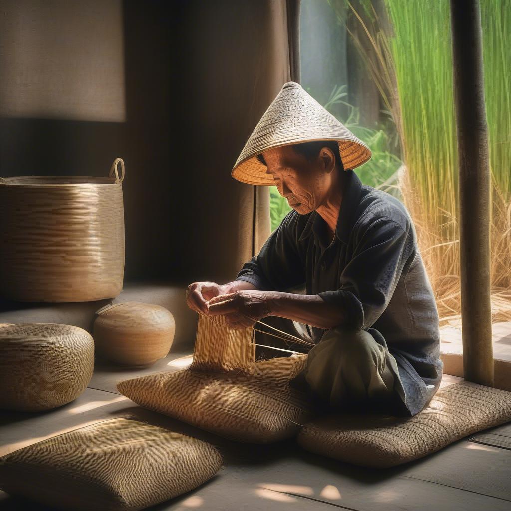 Vietnamese Artisan Weaving a Bon Bem Bag