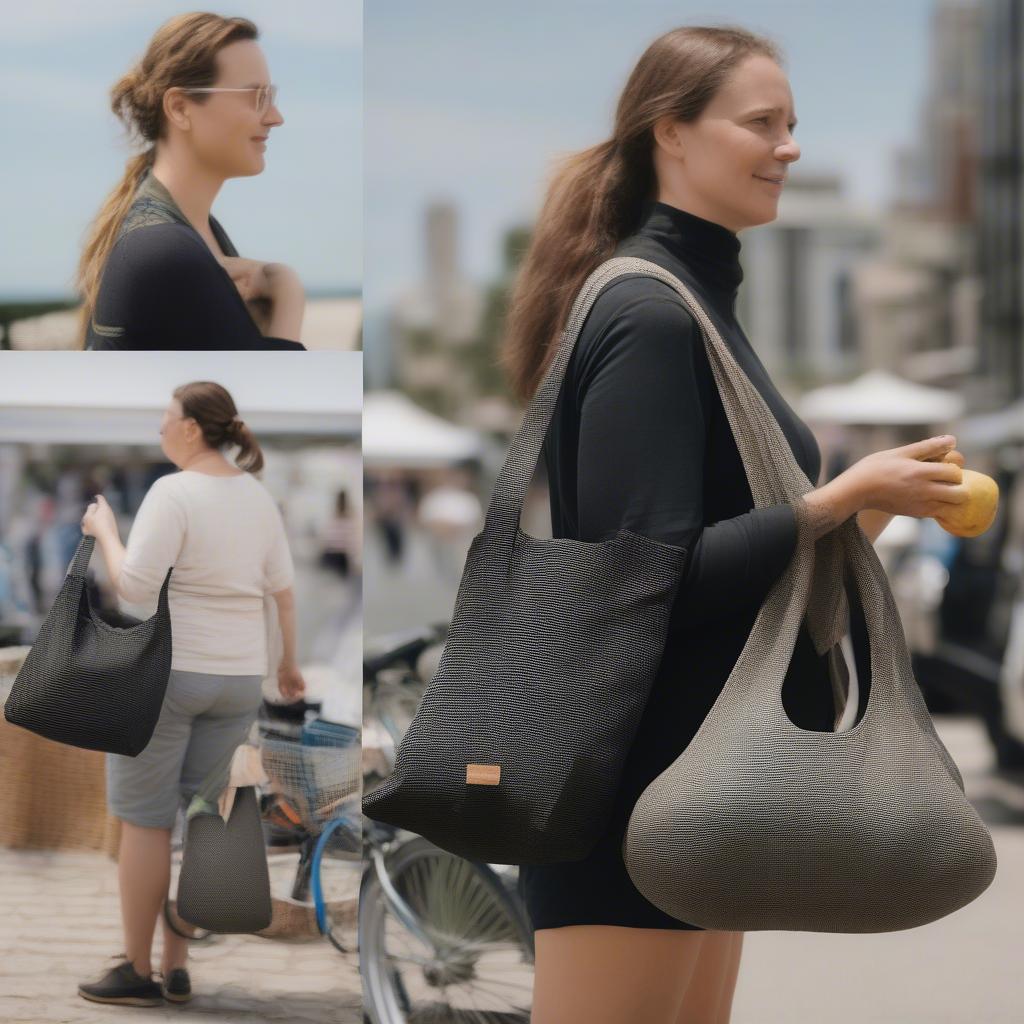 Lifestyle shot of a person using the Bonita Bag Grande Weave in Black in everyday settings, showcasing its practicality and style.