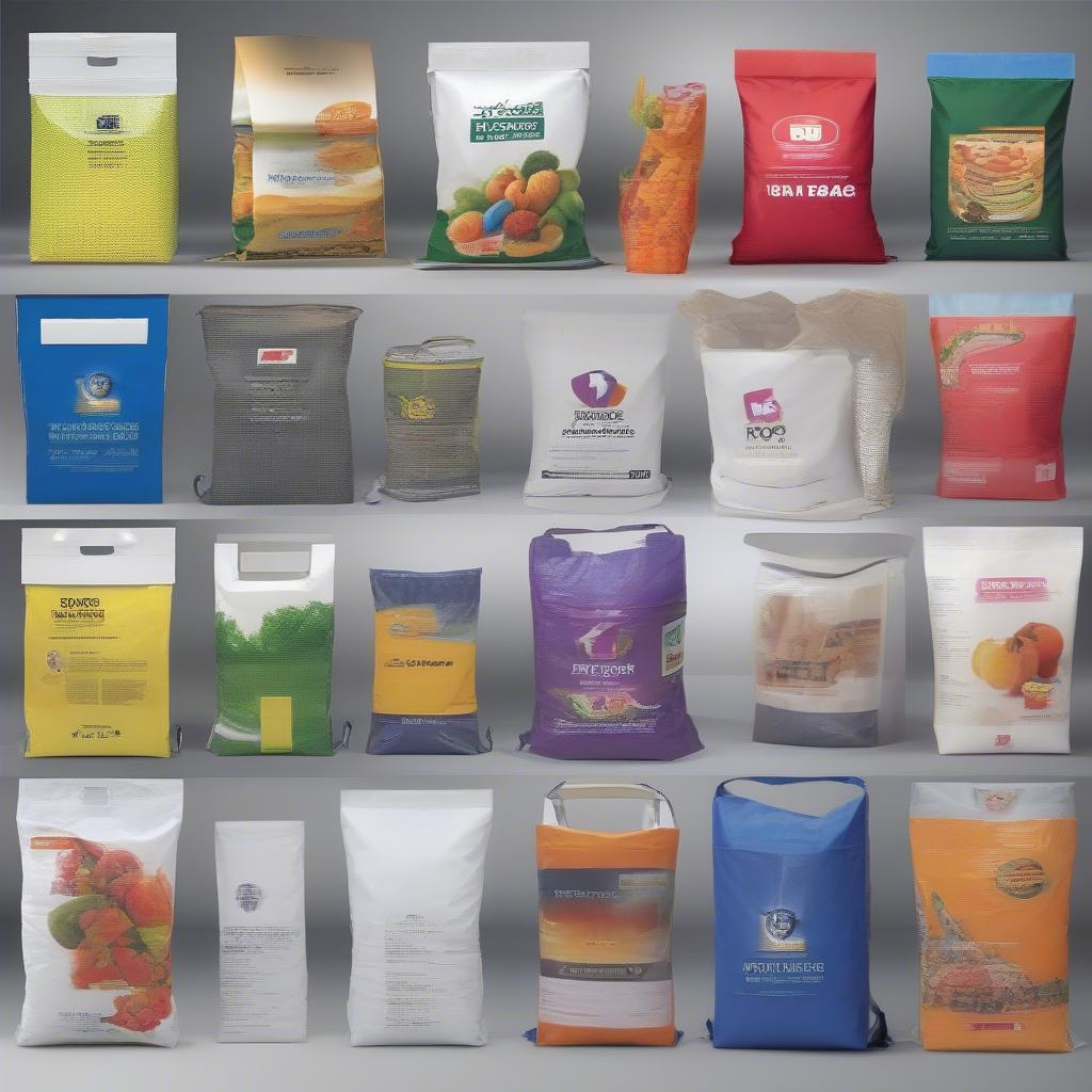 Examples of different printing options available for PP woven BOPP bags, including flexographic and rotogravure printing.