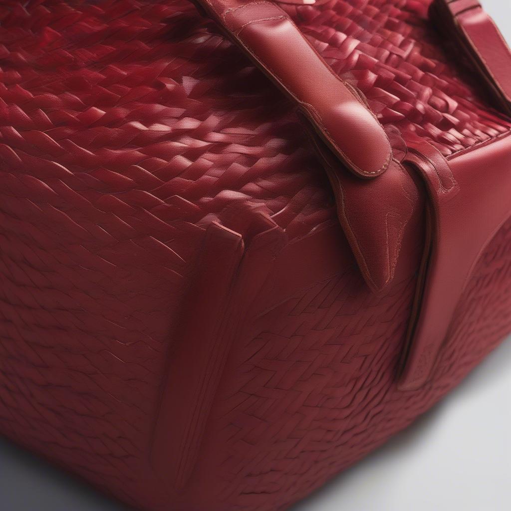 Close-up view of a bottega red woven bag showcasing the intricate woven leather details and vibrant red color.