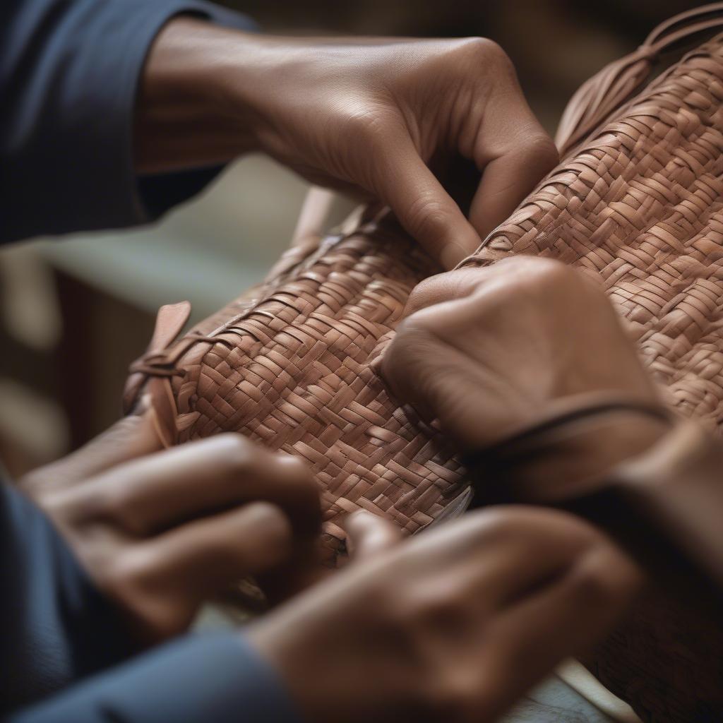 Artisan hands meticulously weaving a bottega style bag, highlighting the intricate process and dedication to quality.