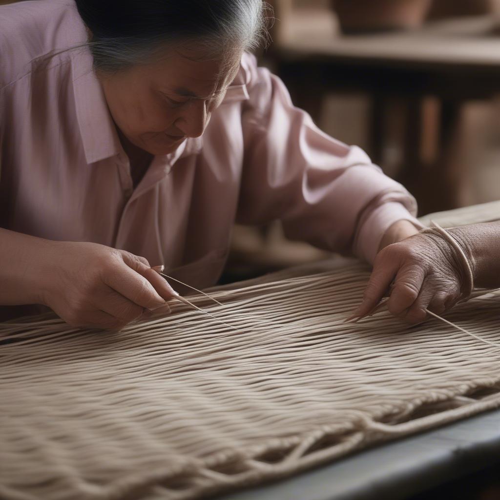 Artisan weaving the Intrecciato pattern