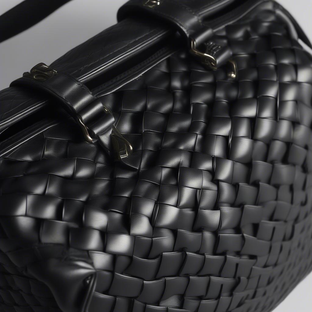 Close-up details of the stitching and hardware on a Bottega Veneta black woven bag